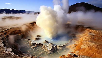 Spectacular fumaroles venting steam in a geothermal field.