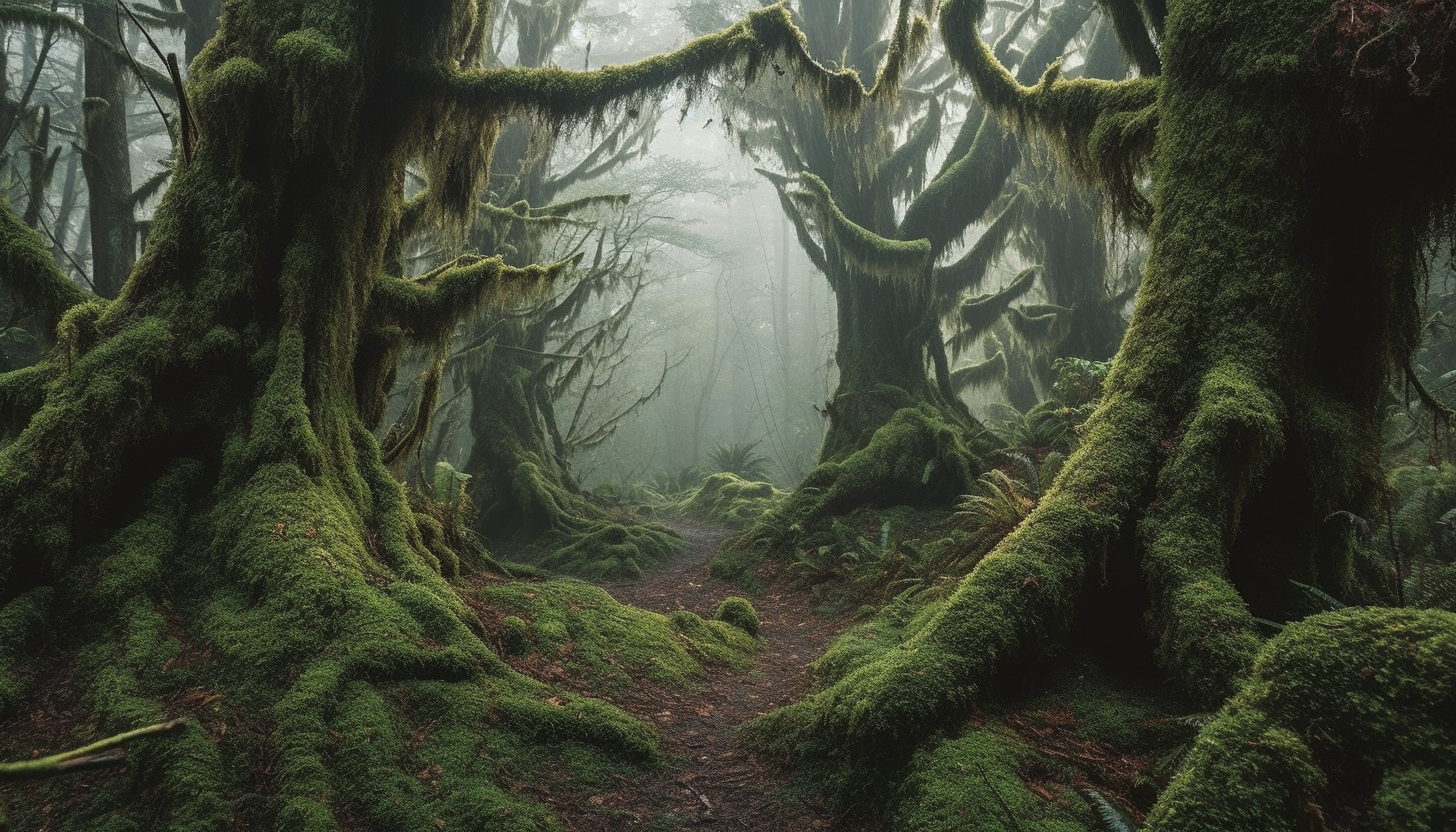 Mysterious fog-shrouded forests with ancient, moss-covered trees.