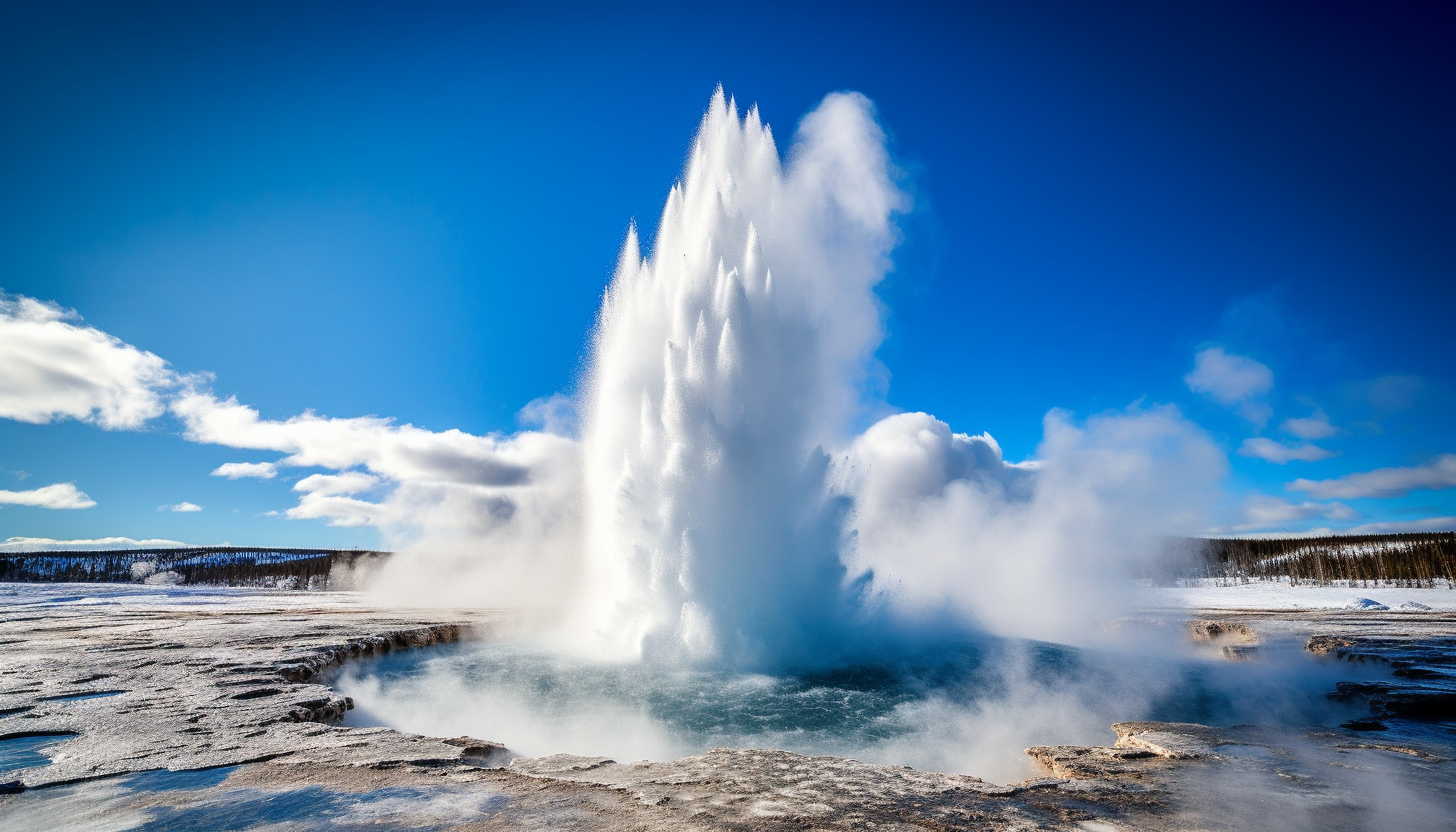 Majestic geysers erupting under a clear blue sky.