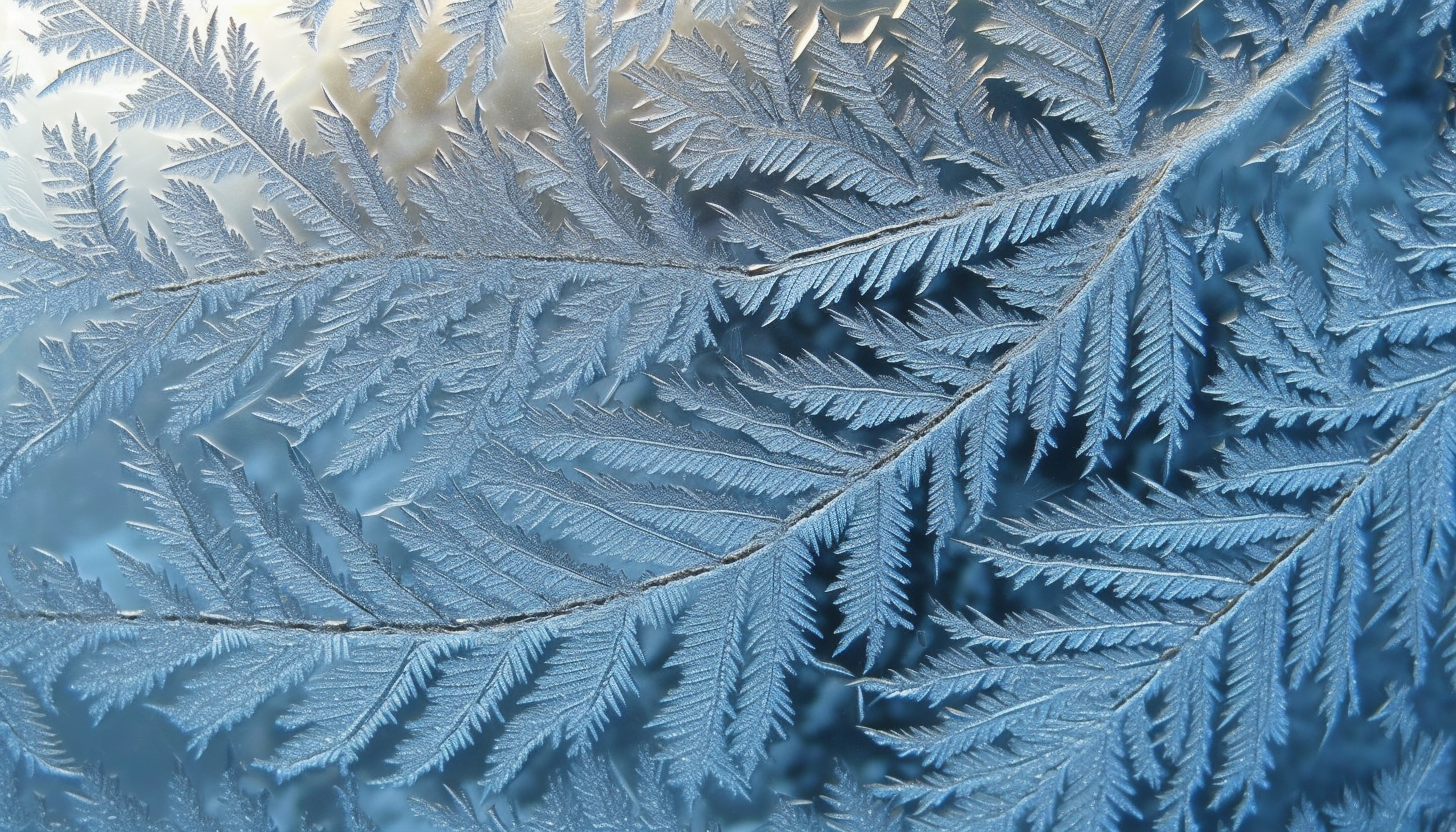 Frost patterns on a window on a cold winter morning.