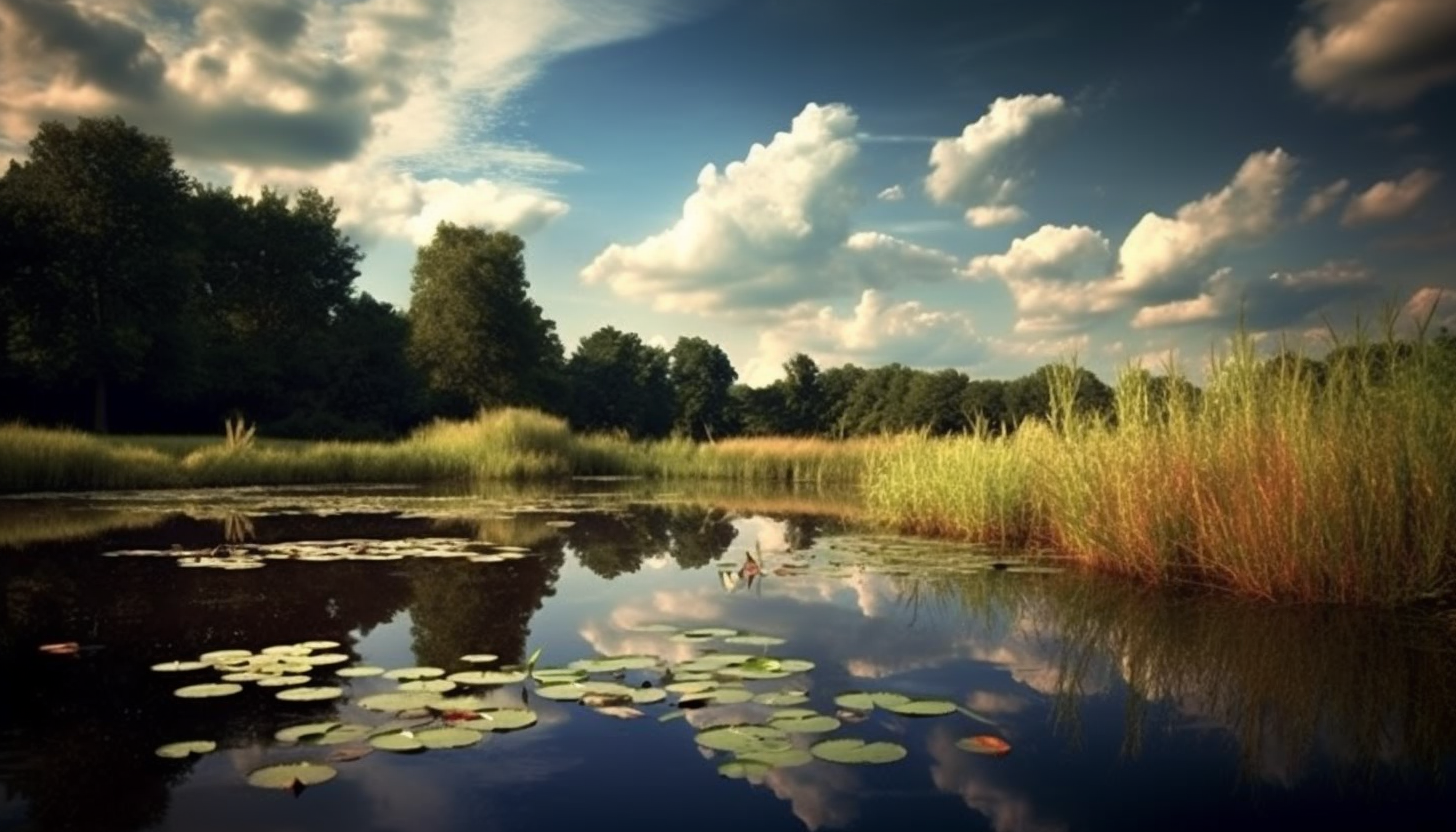 Reflections of clouds moving on the surface of a serene pond.