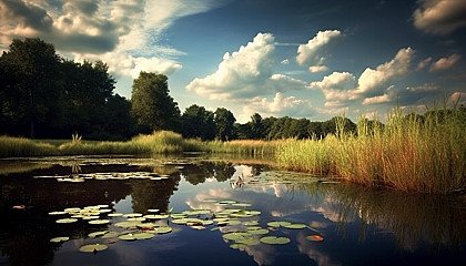 Reflections of clouds moving on the surface of a serene pond.