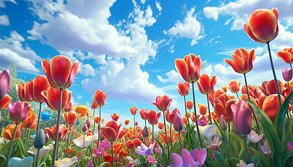 A field of tulips swaying under a breezy sky.