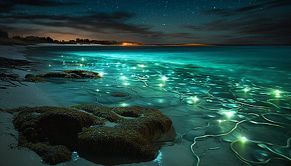 Bioluminescent plankton illuminating a beach at night.
