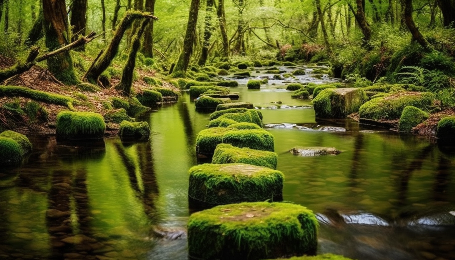 Moss-covered stones in a babbling brook in the heart of the forest.