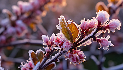 Fresh spring buds blooming on a frosty morning.