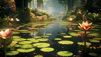 A tranquil lily pond dotted with blooming flowers.