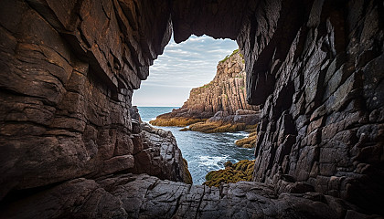 A view through a natural archway carved into a rocky cliff.