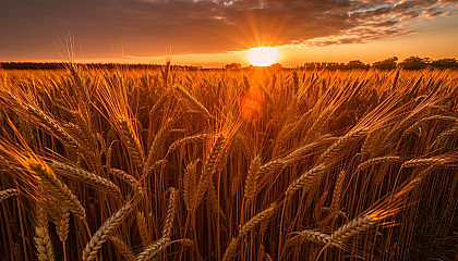 The glow of a setting sun against a field of ripe wheat.