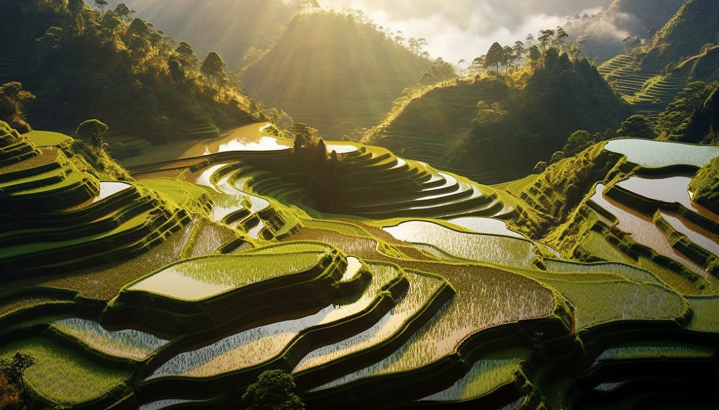 A series of terraced, rice paddies climbing a mountain slope.