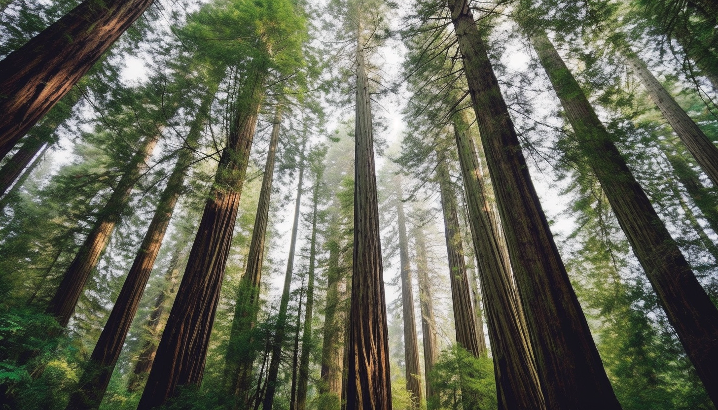 A grove of ancient redwood trees towering towards the sky.
