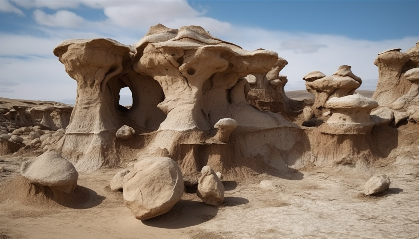 Rock formations shaped by erosion, resembling sculptures crafted by nature.