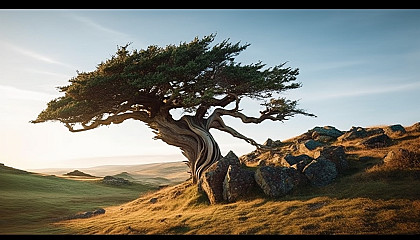 An ancient, gnarled tree standing alone on a rolling hill.