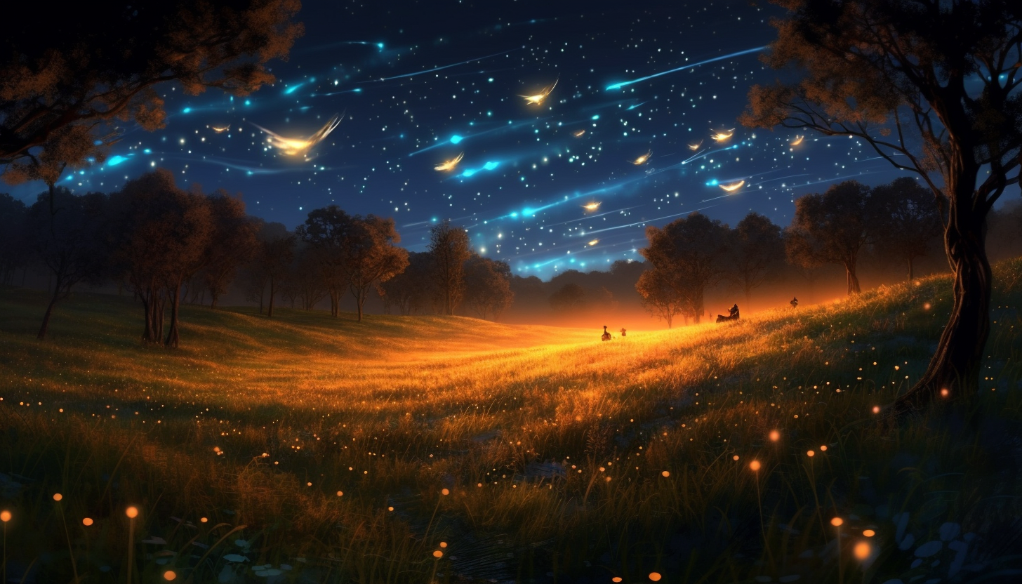 A field of fireflies lighting up the dusk.