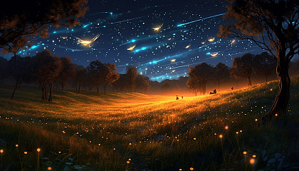 A field of fireflies lighting up the dusk.