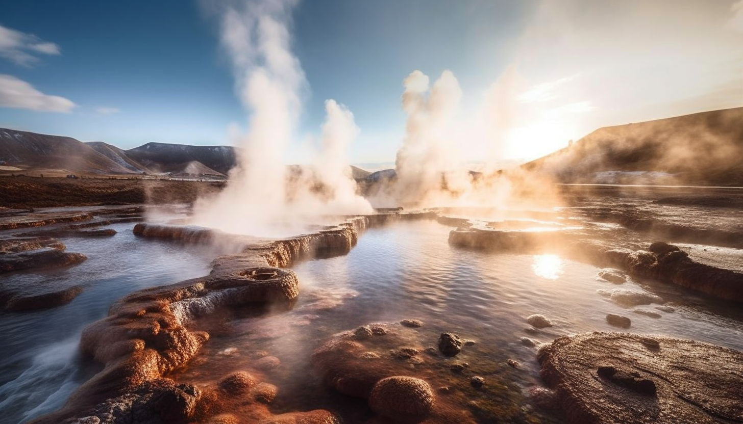 Geysers erupting with steam and hot water in a geothermal area.