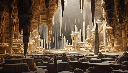 Glistening stalagmites and stalactites in an underground cavern.
