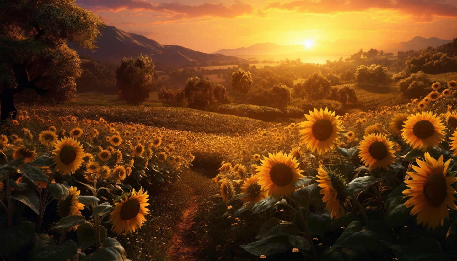 Sunflowers turning towards the sunlight in a sprawling field.