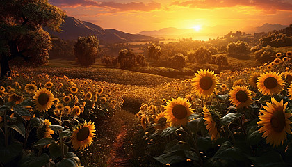 Sunflowers turning towards the sunlight in a sprawling field.