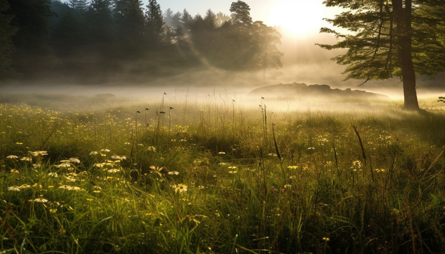 Sunlight filtering through the fog in an early morning meadow.