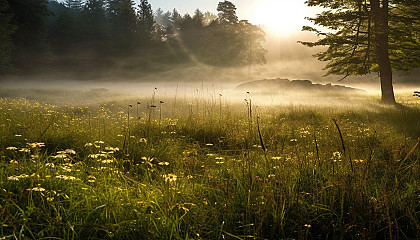 Sunlight filtering through the fog in an early morning meadow.