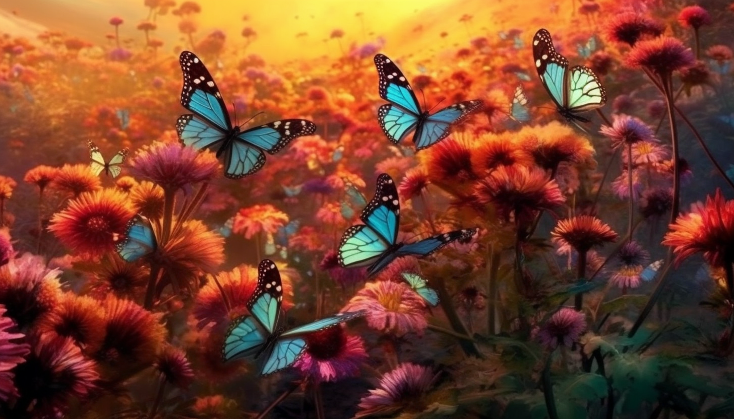 A kaleidoscope of butterflies fluttering over a field of flowers.