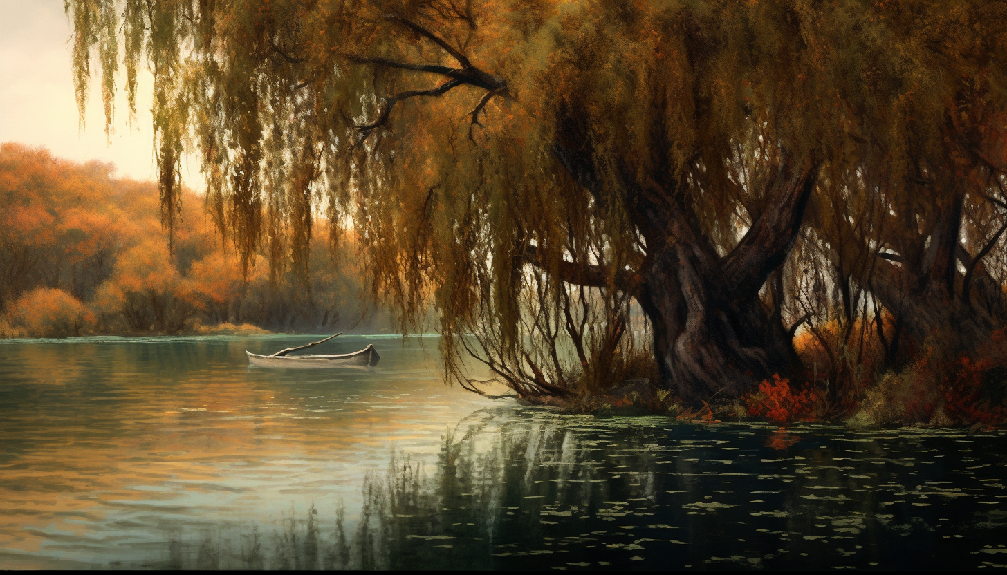 A grove of weeping willows by a calm lake.