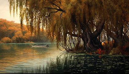 A grove of weeping willows by a calm lake.