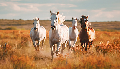 Wild horses galloping across open prairie land.