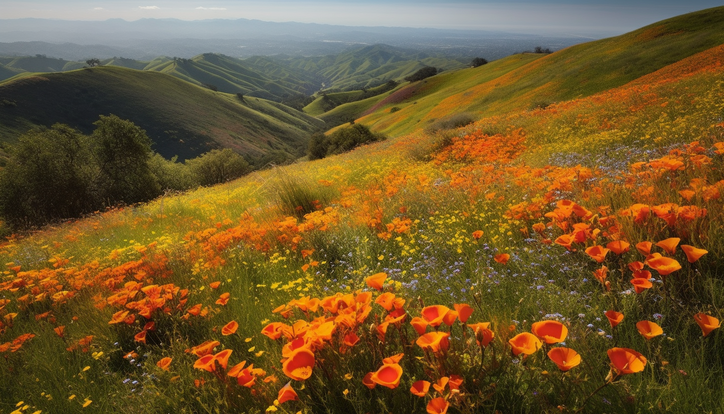 Rolling hills with fields of vibrant wildflowers in bloom.