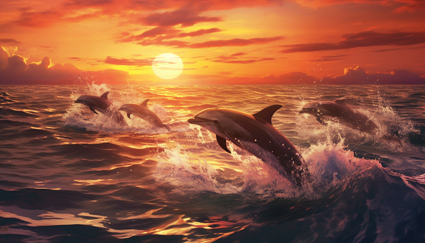 A pod of dolphins leaping from the ocean at sunset.