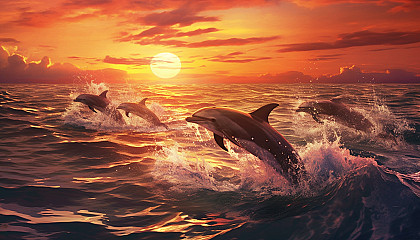 A pod of dolphins leaping from the ocean at sunset.