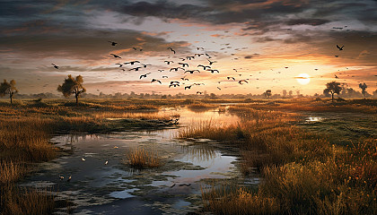 Flocks of birds taking flight over a serene wetland.