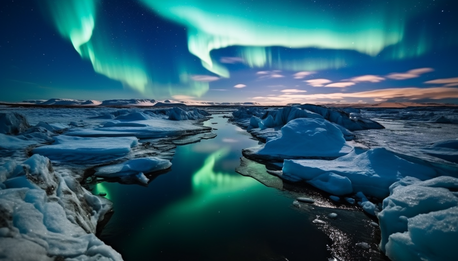 An icy tundra under the dance of the Northern Lights.