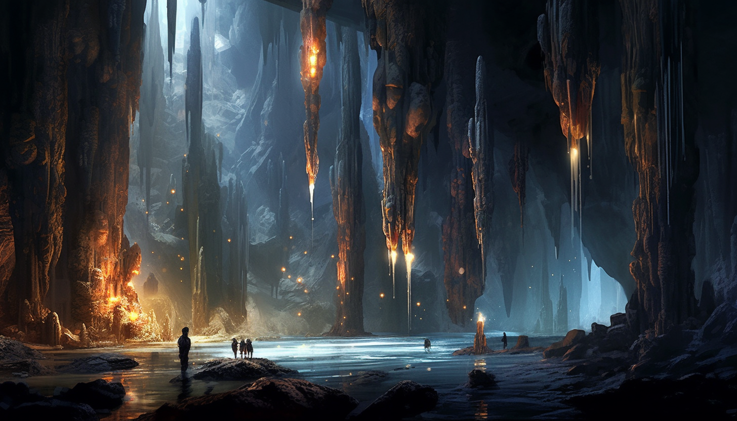 Glistening stalagmites and stalactites in an underground cavern.