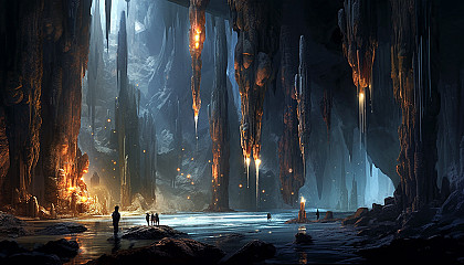 Glistening stalagmites and stalactites in an underground cavern.