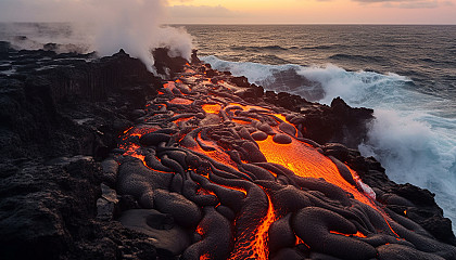 Cascades of lava flowing into the ocean from an active volcano.