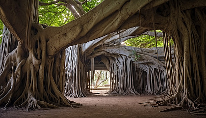 An ancient banyan tree with sprawling roots and branches.