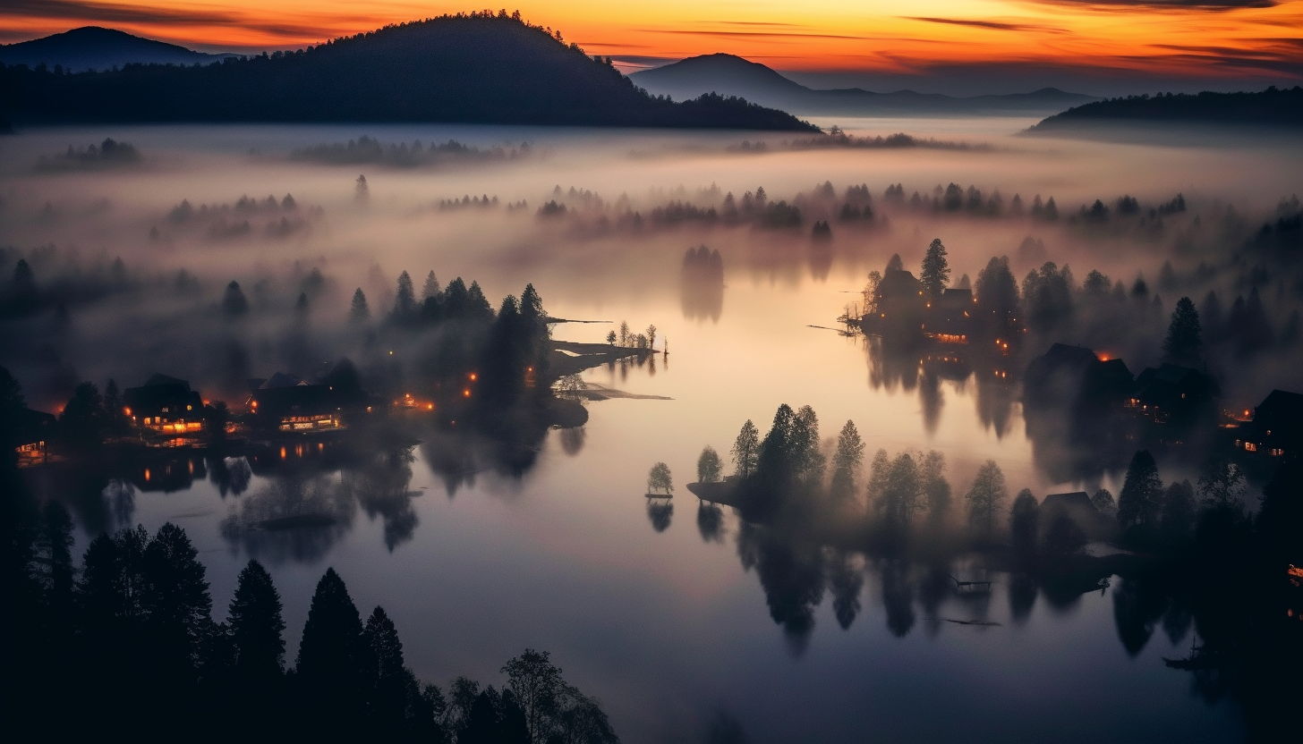 A thick blanket of fog hovering over a lake at dawn.