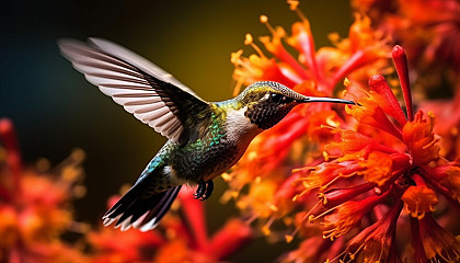 A hummingbird mid-flight, sipping from a bright flower.