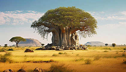An ancient baobab tree standing tall in a savannah landscape.