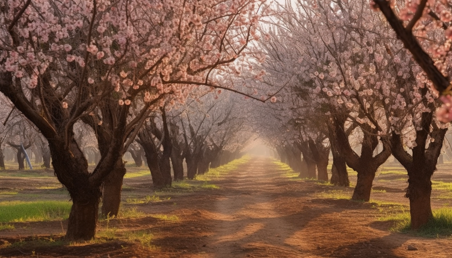 A grove of blossoming almond trees in early spring.