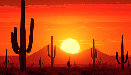 The silhouette of cacti against a vibrant desert sunset.