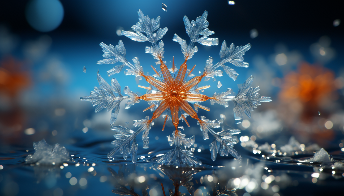 Extreme close-up of a snowflake, revealing unique patterns and symmetry.