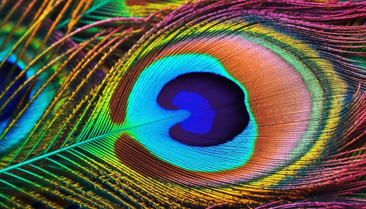 Swirls of colors in a peacock feather close-up.