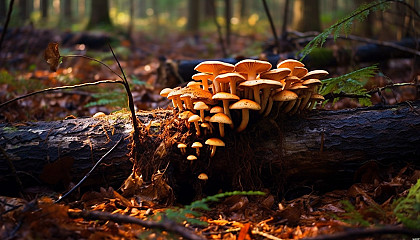 A fallen log covered with colorful fungi in a forest.
