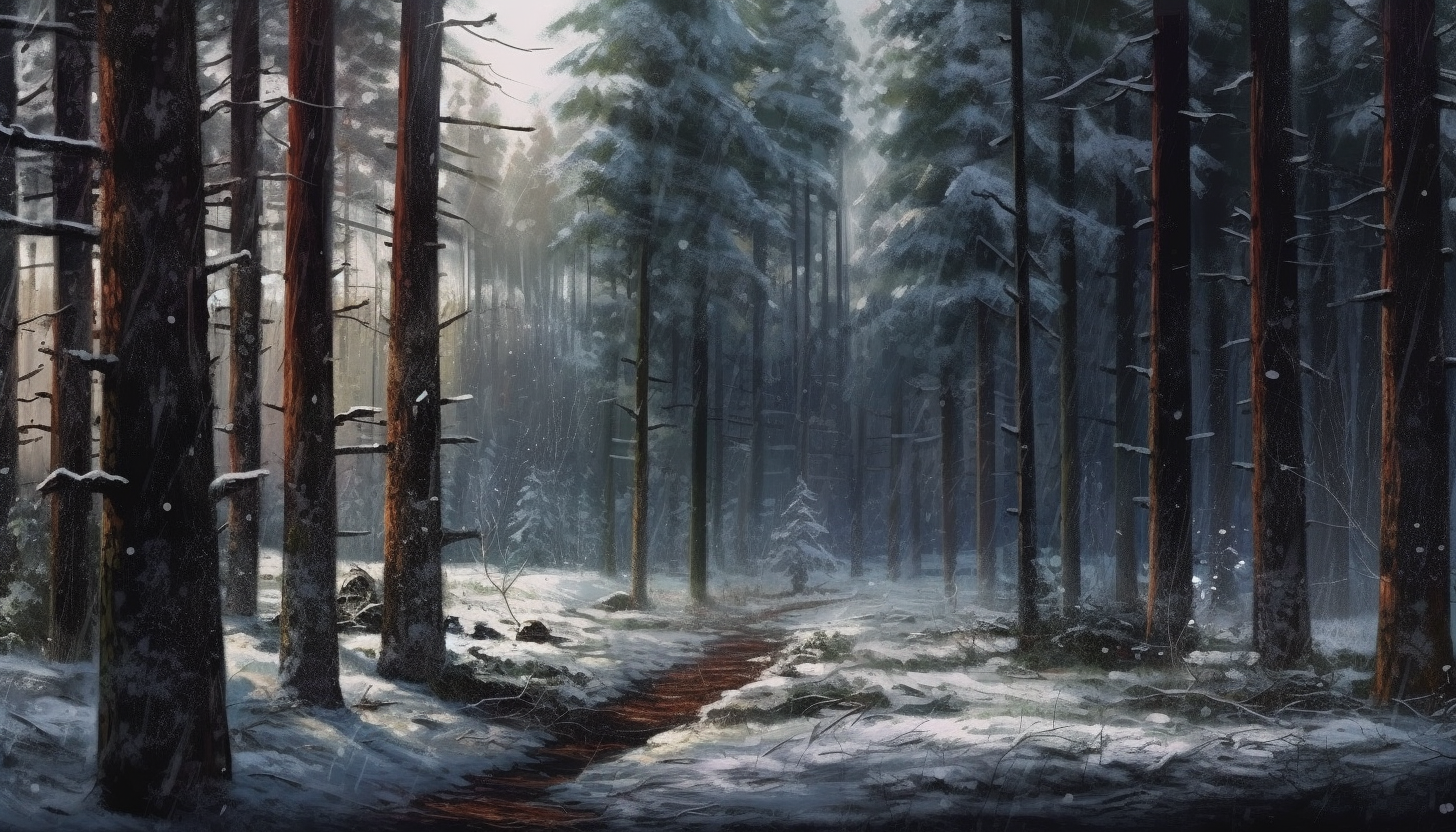 Silent snowfall over a tranquil pine forest.