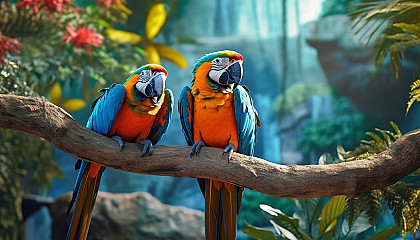 Brightly colored macaws perched on a jungle branch.