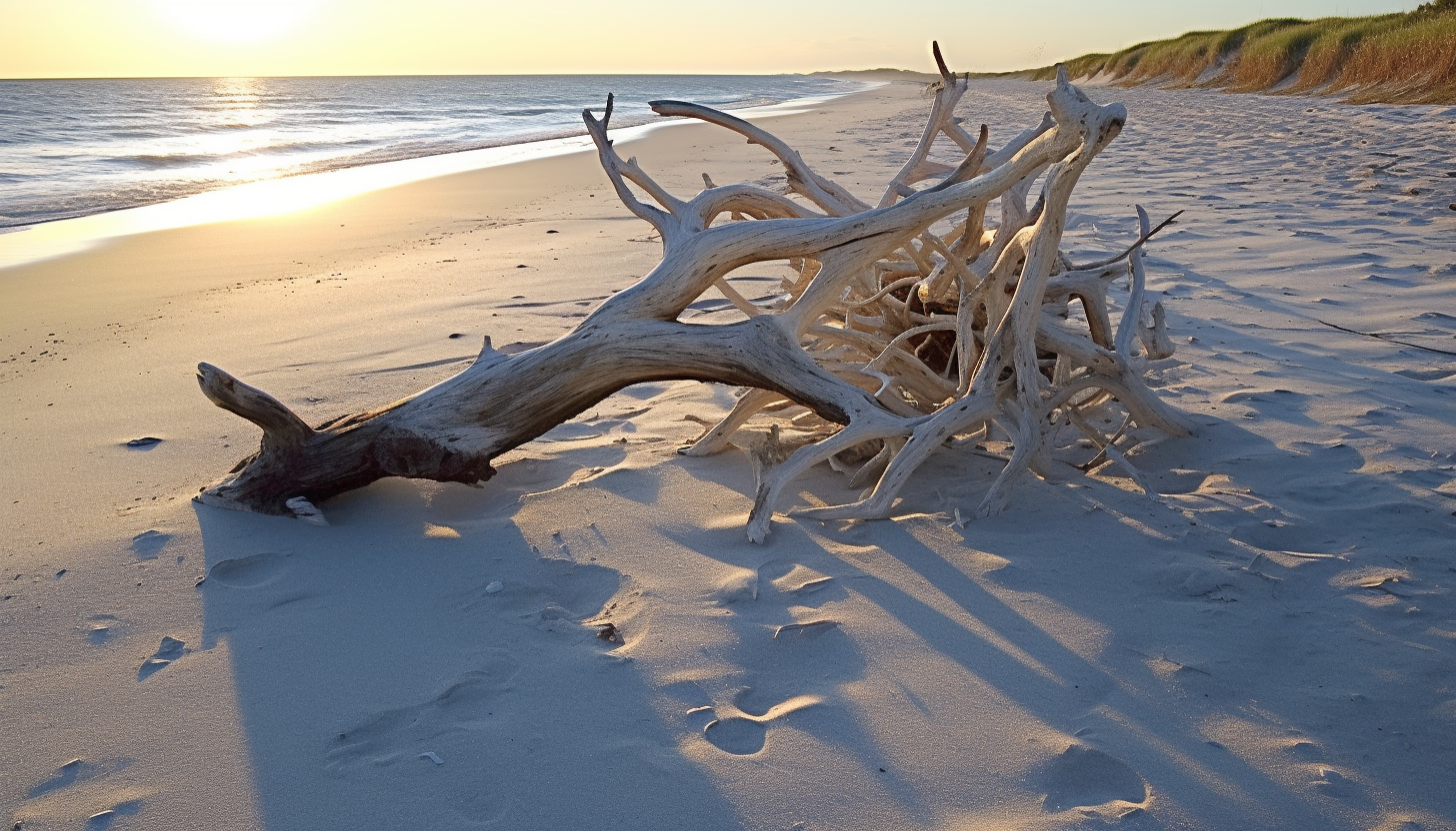 Sun-bleached driftwood scattered along a sandy beach.