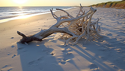 Sun-bleached driftwood scattered along a sandy beach.